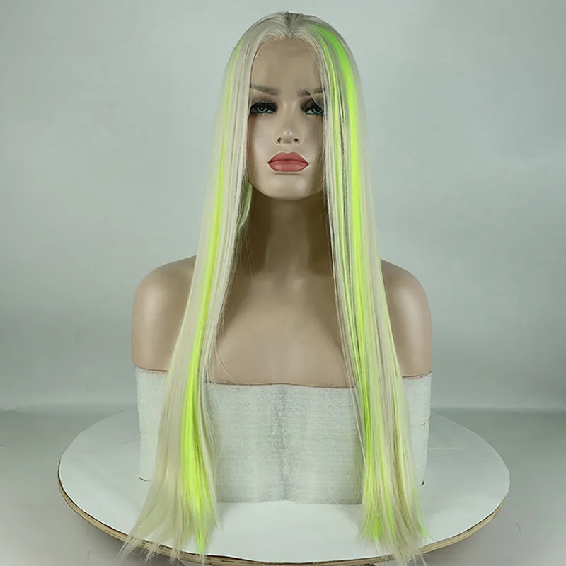 

Top Fashion Blonde Highlights Yellow Green Synthetic Lace Front Wig Mixed Color Lace Front Wig For Women