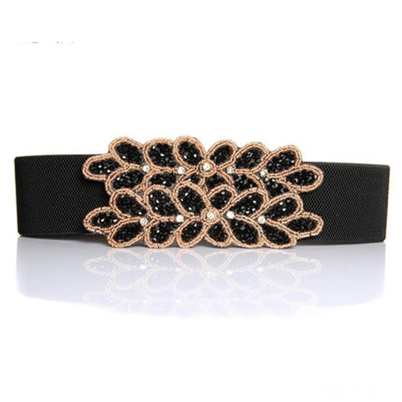 Luxury Cluster Rhinestone Beaded Belts For Women Wide Handmade Stretchy