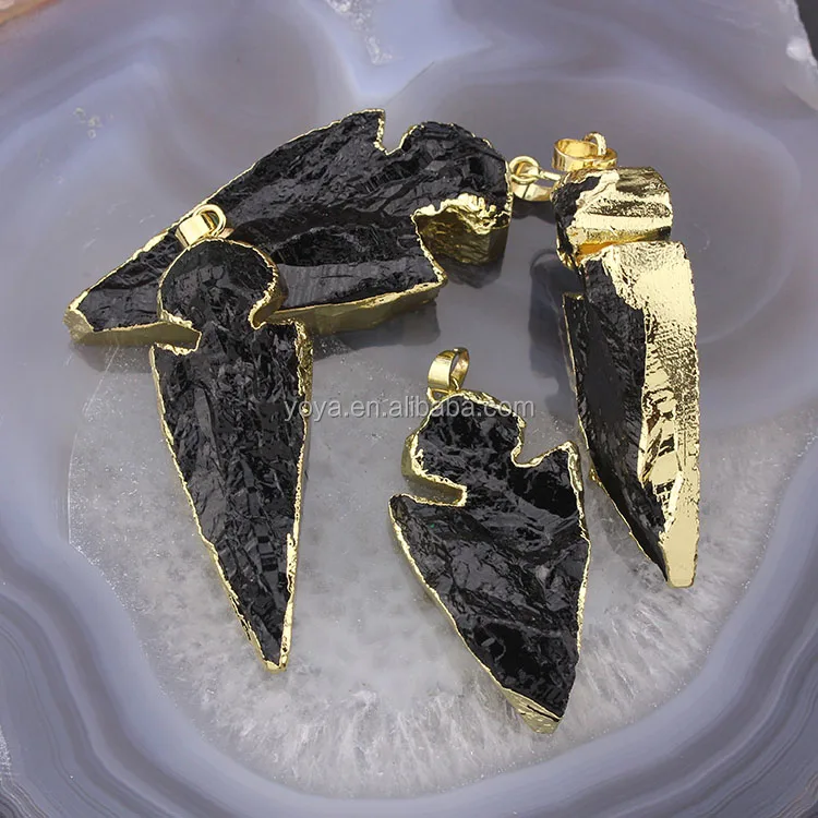 

JF6858 Fashion gold electroplated natural black agate stone arrowhead pendants