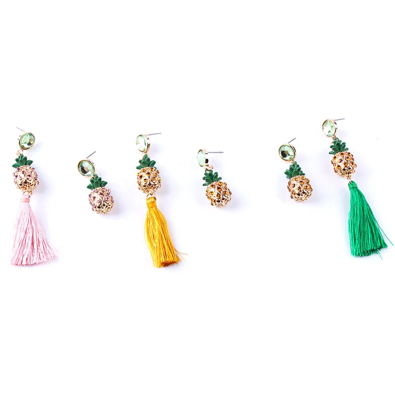 Bohemian Rhinestones Crystal Asymmetry Pineapple Long Tassel Dangle Earrings Fruit Jewelry