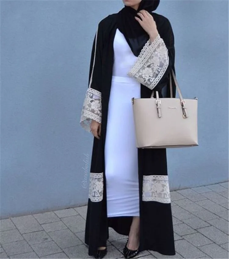 

In Stocks Latest women fashion kimono abaya with lace trim elegant design black lace open abaya with belt, Oem