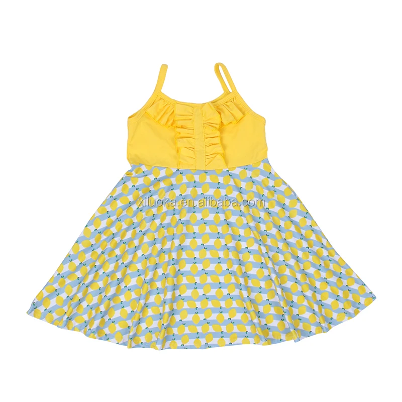 

Bulk Wholesale Kids Clothing Soft Milk Silk Ruffle Baby Girl Lemon Twirl Dress, Picture
