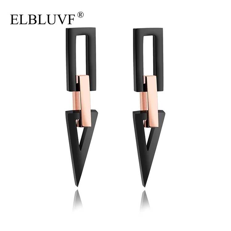 

ELBLUVF Stainless Steel Jewelry Black Rectangular Geometric Studs Earrings For Girls Wholesale, Black rose gold