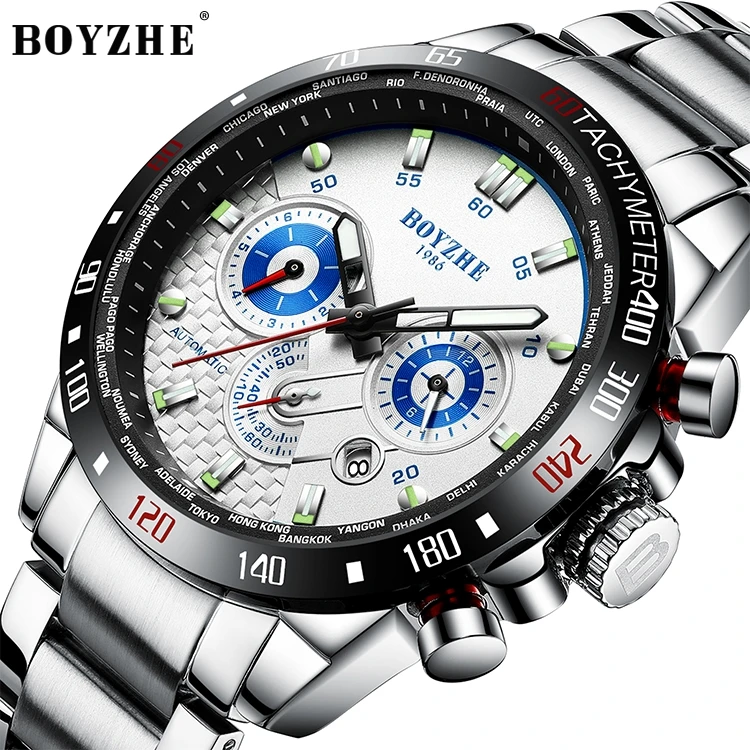 

BOYZHE stainless steel business mens tourbillon automatic mechanical skeleton luminous watch