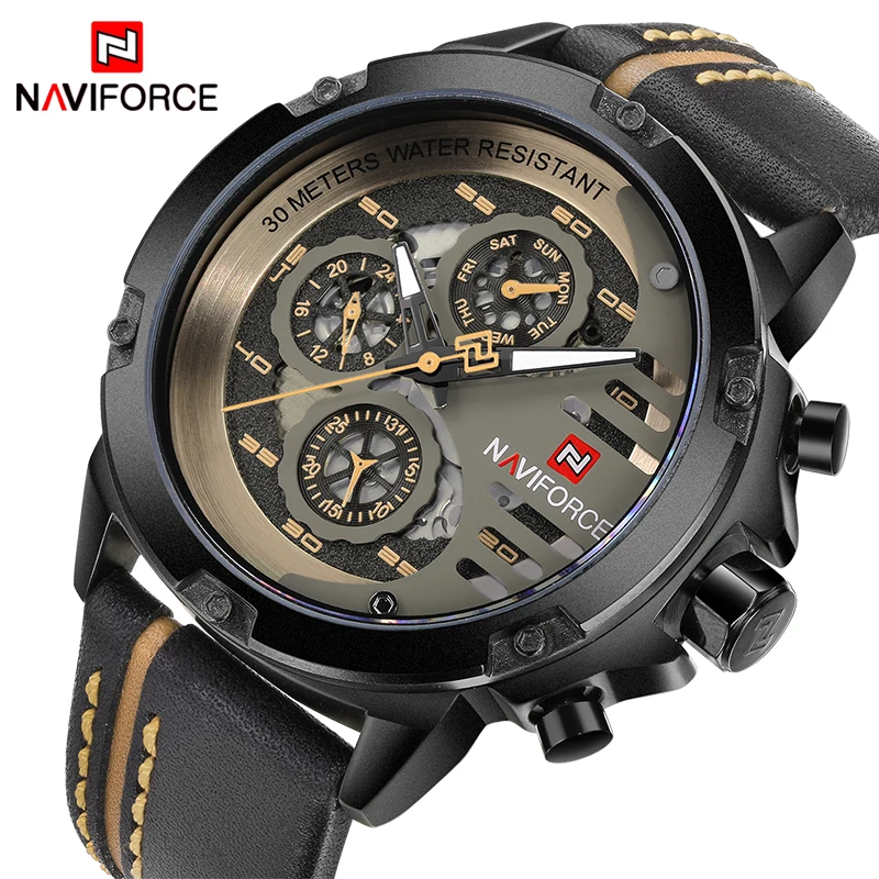 

NAVIFORCE 9110 Mens Watches Top Brand Luxury 24 hour Date Quartz Man Leather Sport Wrist Watch Men Waterproof Clock, 5 color choose