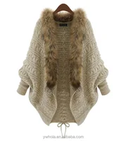 

Women Winter Loose Fur Collar Sweater Batwing Sleeve Knit Cardigan faux fur coat