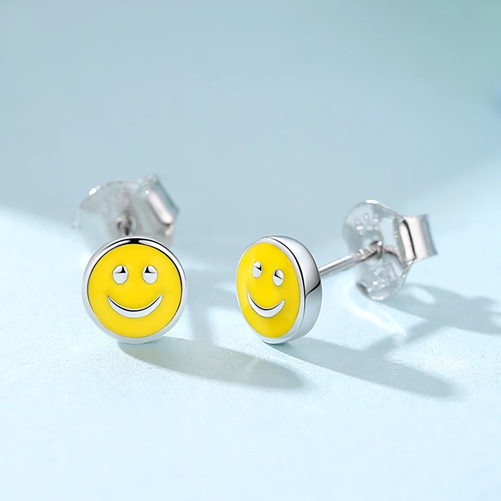 

Lovely 925 Sterling Silver Stud Earrings Enamel Smile Face Earrings Silver Jewelry Gift For Women Kids Children Accessories