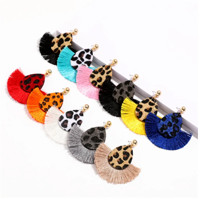 

Fashion Leopard Leather Fringe Tassel Dangle Earrings Multi Layer Fan Shape Silk Tassel Leopard Drop Earrings