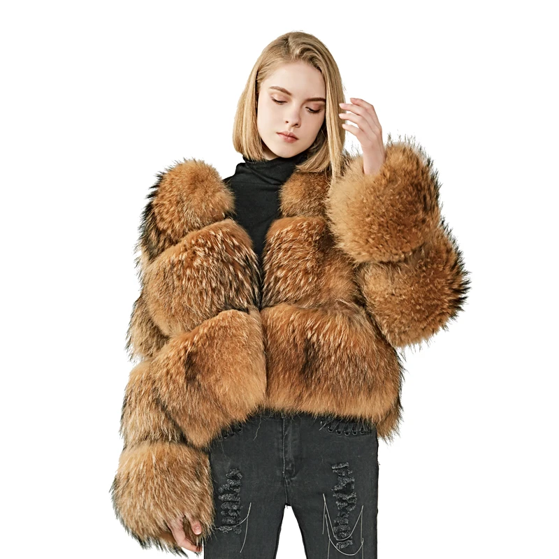

Mao Mao Fur The Latest Fashion Design Winter Women Lady Short Jacket 3 Rows Natural Raccoon Fur Coat for Sale, As picture or customed