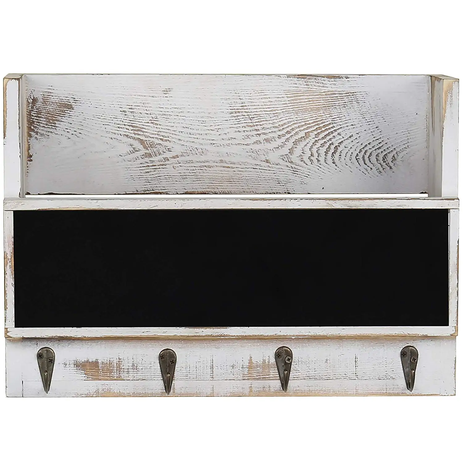 Whitewashed Wood Wall Mounted Mail Holder With Chalkboard Key