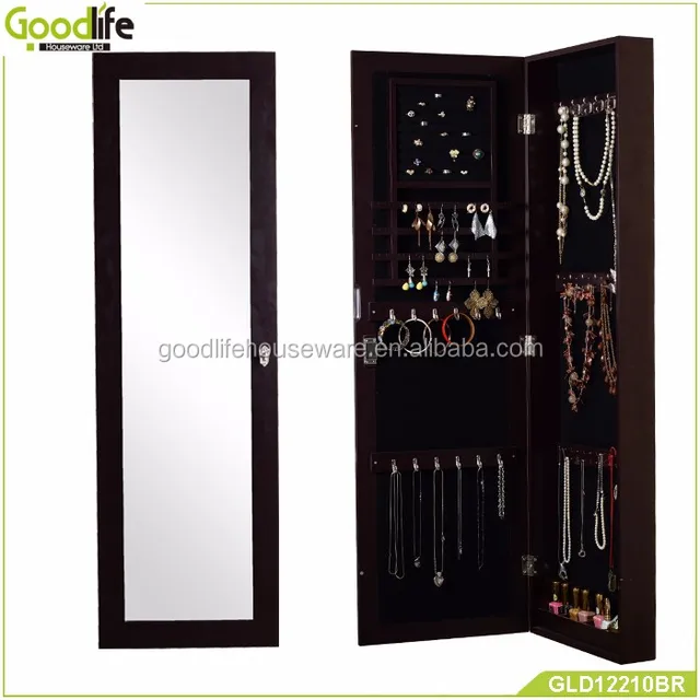 Wooden Jewelry Box Armoire Door Hanging Wall Mirror Cabinet