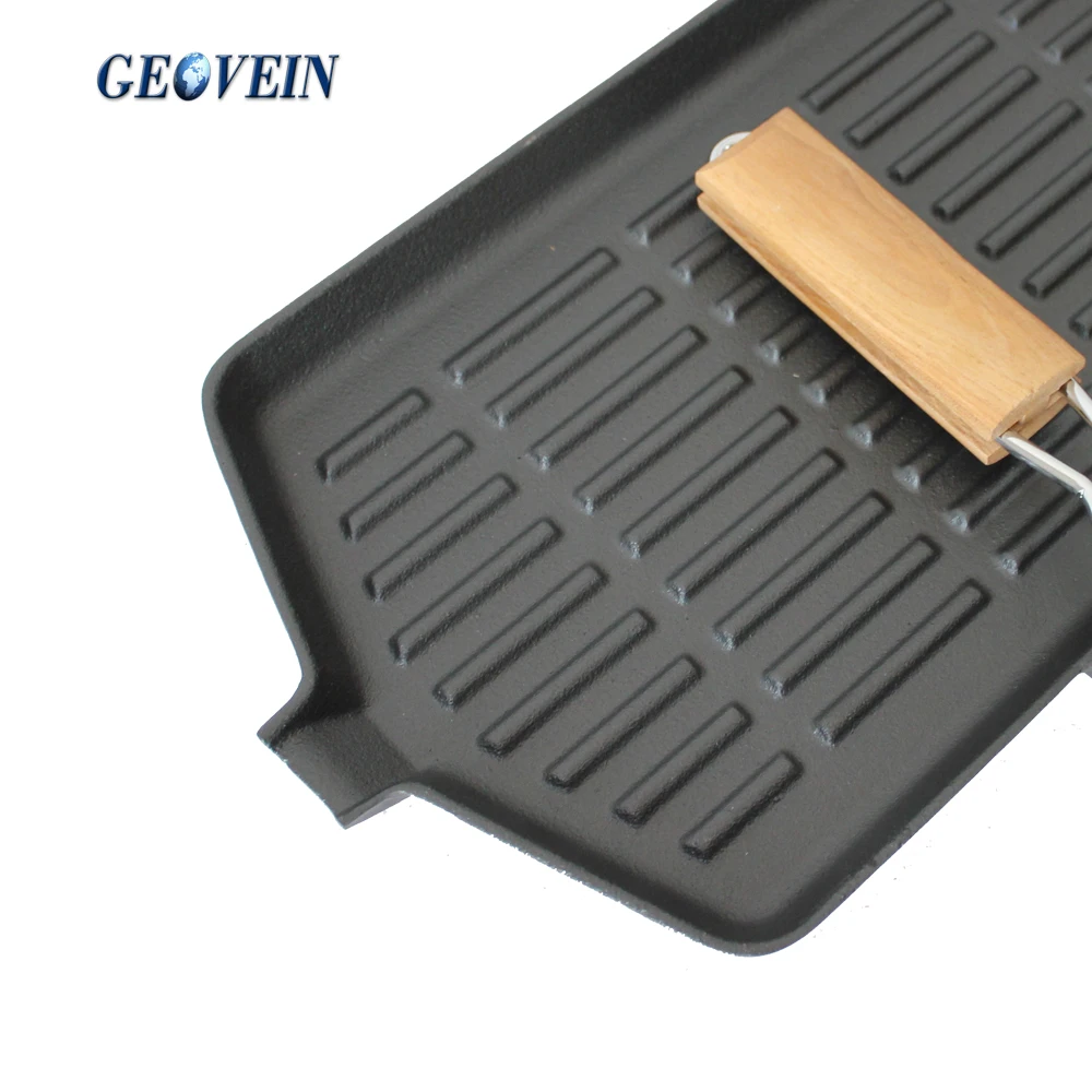 
foldable Non stick cast iron BBQ steak pan with wood handle 