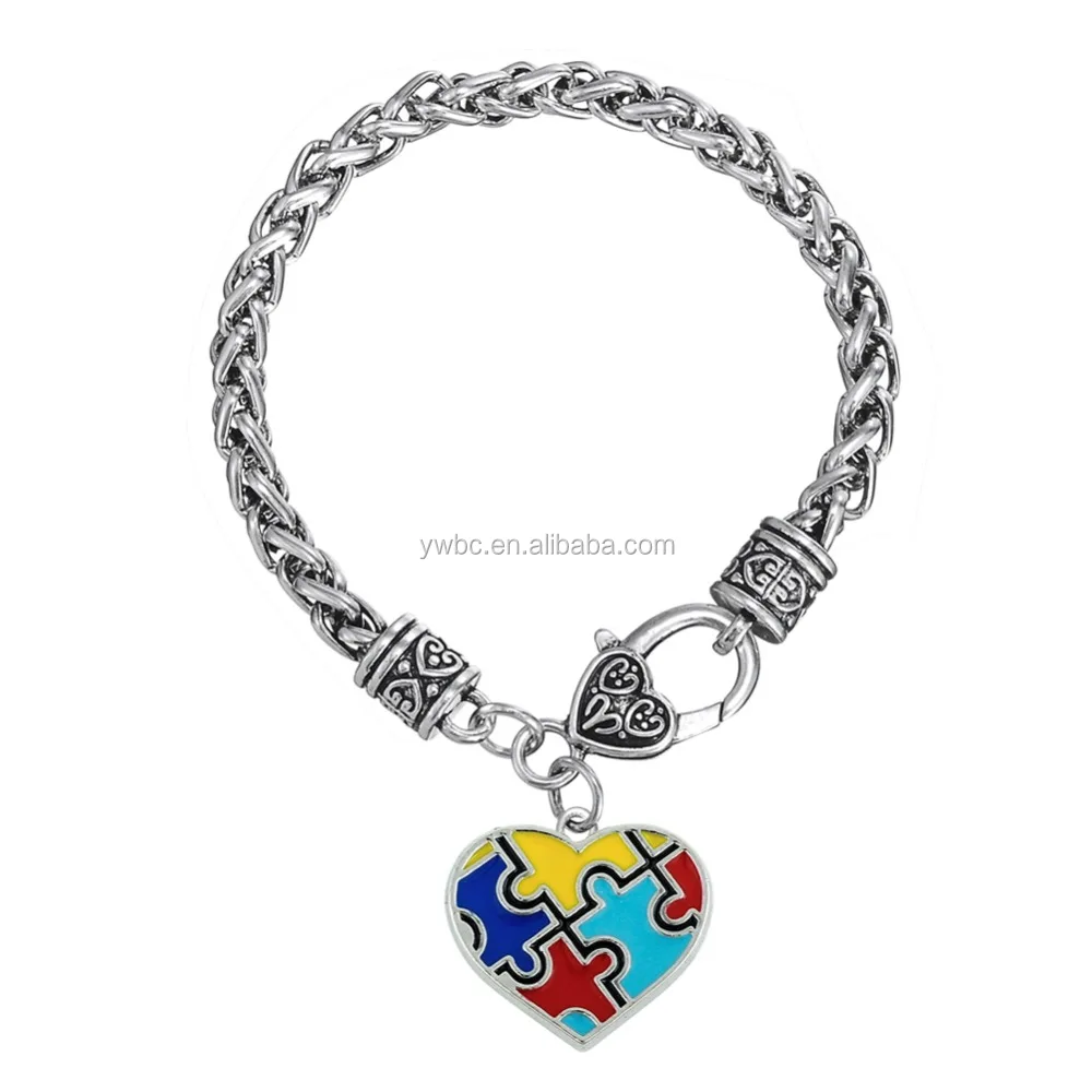 

50pcs MOQ heart charm single-side enamel puzzle piece charms for autism pendant wheat bracelet heart link, Silver