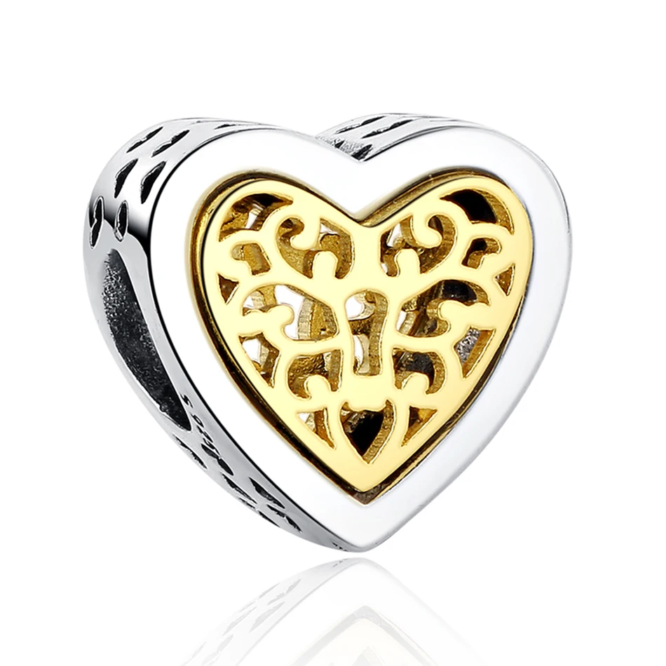

Genuine 925 Sterling Silver Charm Gold-plated Hollow Heart Bead Charms for Bracelet Bangle Fashion Jewelry Making