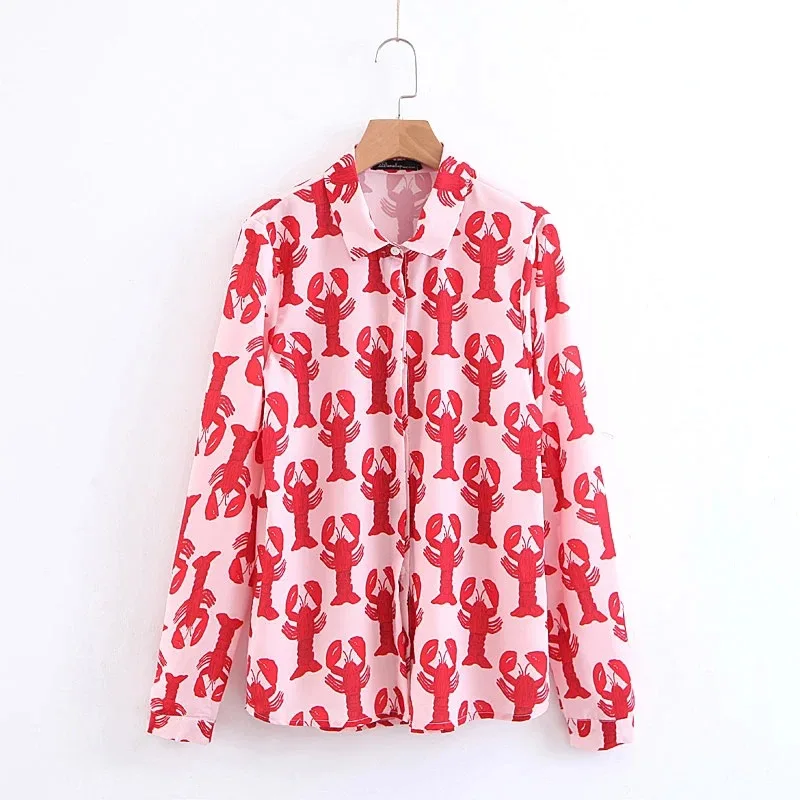 

Personality Fashion Lobster Printed Long Sleeve Shirt Top, Customized color