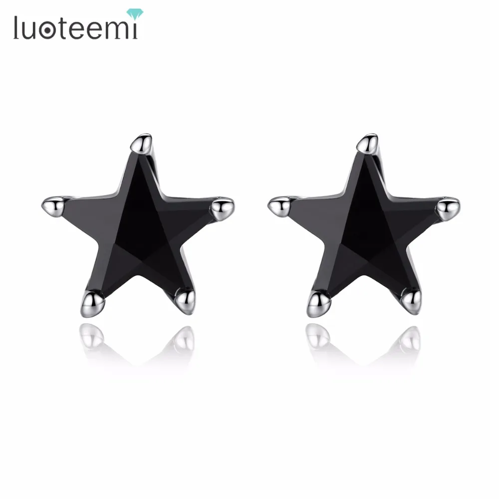 LUOTEEMI Silver Tone Black CZ Crystal Star Design Stud Earring For Women Men Trendy Style Model Jewellery