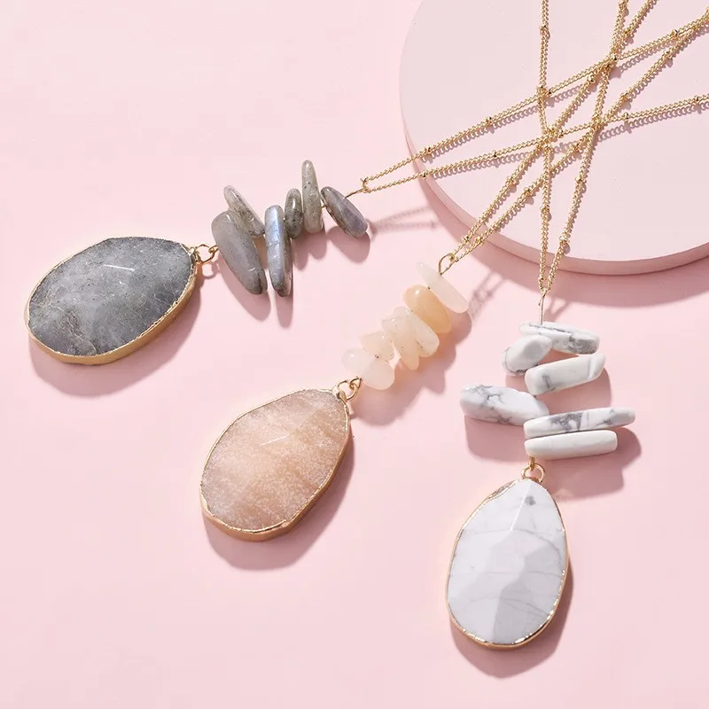 

2019 Handmade Fashion Jewelry Long Wrapped Edge Gemstone Turquoise Opal Natural Stone Pendant Necklace Women