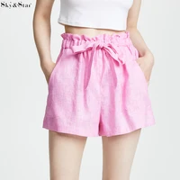 

2019 spring summer women casual elastic waist summer shorts pink linen shorts with drawstring