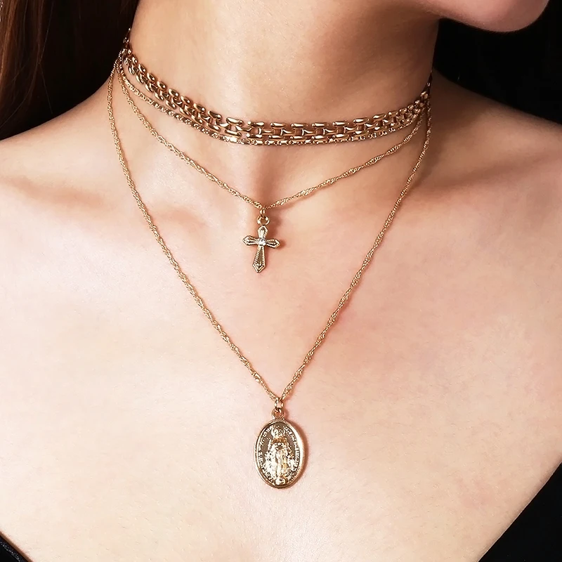 

Retro Jesus Virgin Mary Cross Pendant Necklaces for Women Multilayer Golden Chain Choker Necklace (KNK5068), Silver, gold