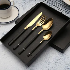 Image of Free Sample! Royal Dinner Hotel Restaurant Gold Silver Knife Spoon Fork Set with Black Gold White Handle