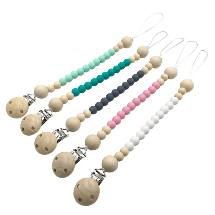 

Newborn baby silicone teether beads wooden teething beads teether pacifier clip chain TH1217, Natural wood