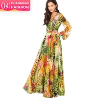 

3029# New Wholesale Long Sleeve Leaves Floral Print Maxi Dresses Women Summer Casual Boho Chiffon Bohemian Dress Plus Size