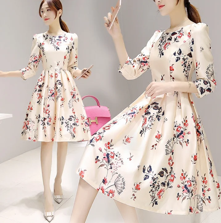 

PJ0125A Hot sale lace splicing short sleeves fashion women's dress 2020 summer slim printing A-Line ladies dress, Beige