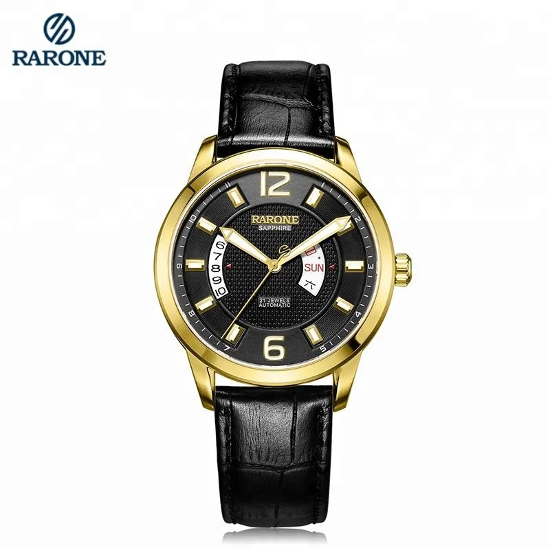 

OEM luxury black quality leather band automatic mechanical men watch