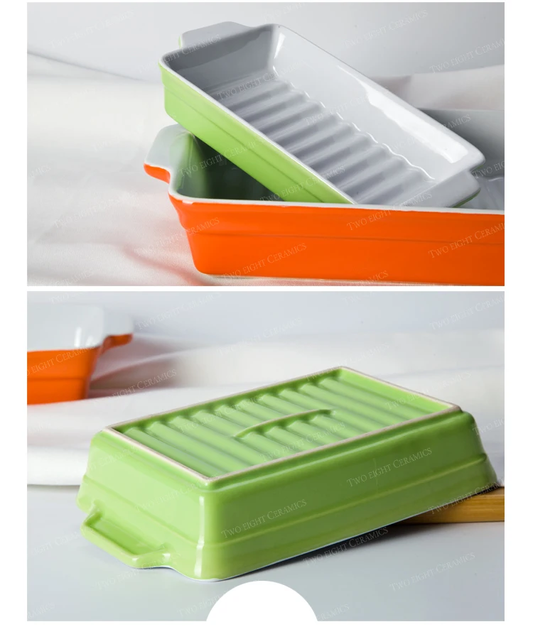 Green and Orange Color Porcelain Dishes and Plates,  Rectangle Plate Microware Safe Barbecue Plate^