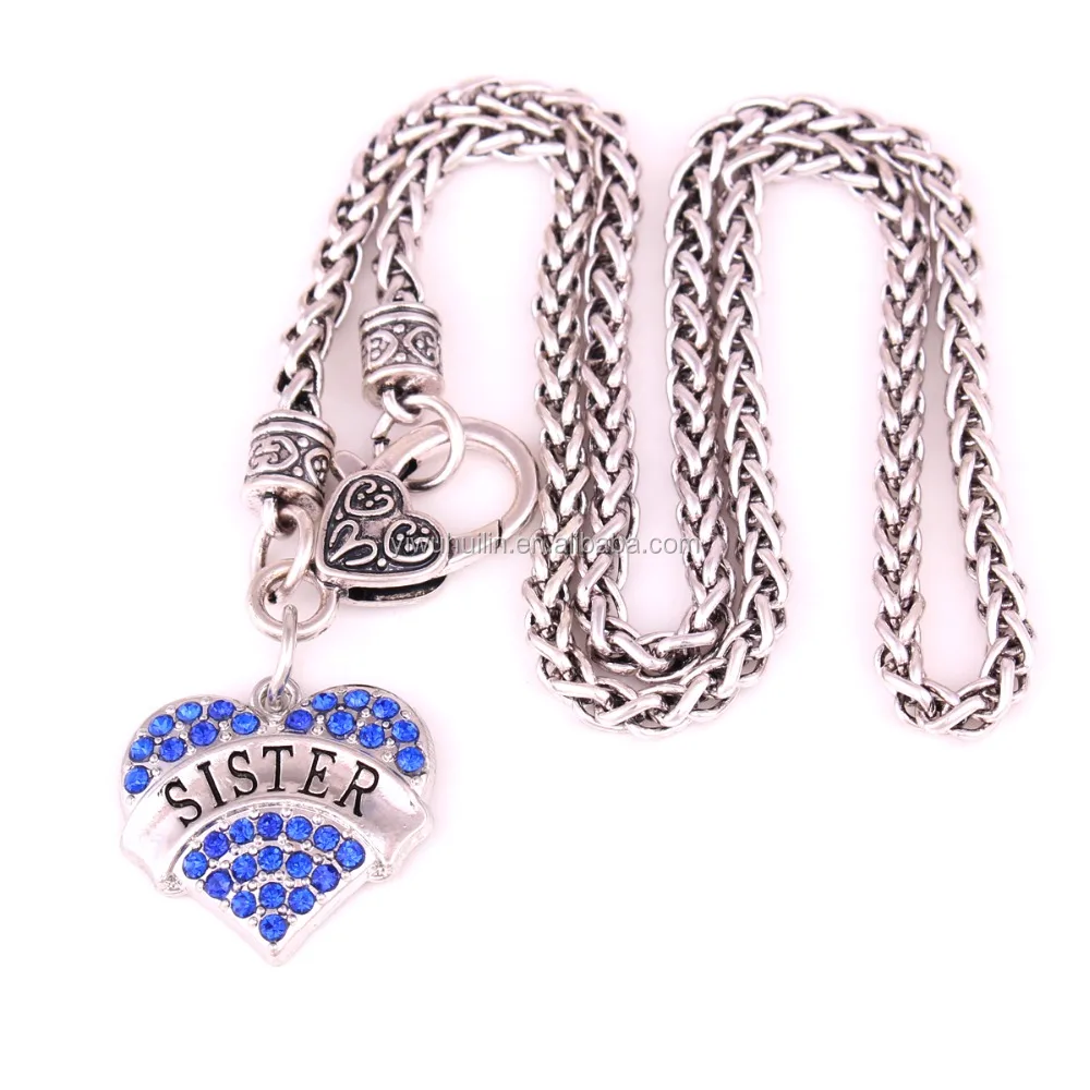 

IMG 1092 Fashion Jewelry fashion crystal SISTER heart pendant Antique Silver Lobster Clasp Heavy Chain family Necklace, Magnetic clasp chain necklace