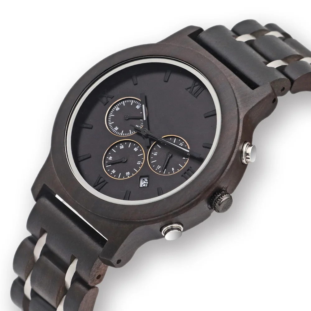 

Classic Three Eyes Clock Fashion Men Quartz Chronograph Wood Wrist Watch Stopwatch Date Design Business relojes hombre, Black