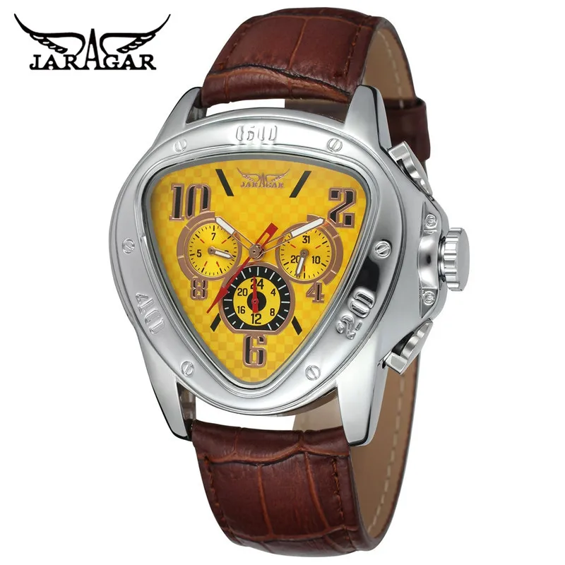 

2016 JARAGAR Luxury Orologio Uomo Watch Yellow Triangle Auto Mechanical Watches Men 6-hands Wristwatch, Red black white yellow