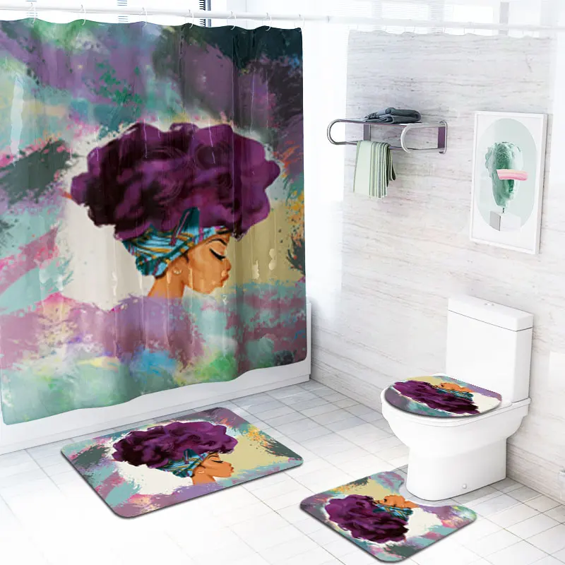 African women 3 pcs bathroom rug mat sets 1pc Printed Shower Curtain