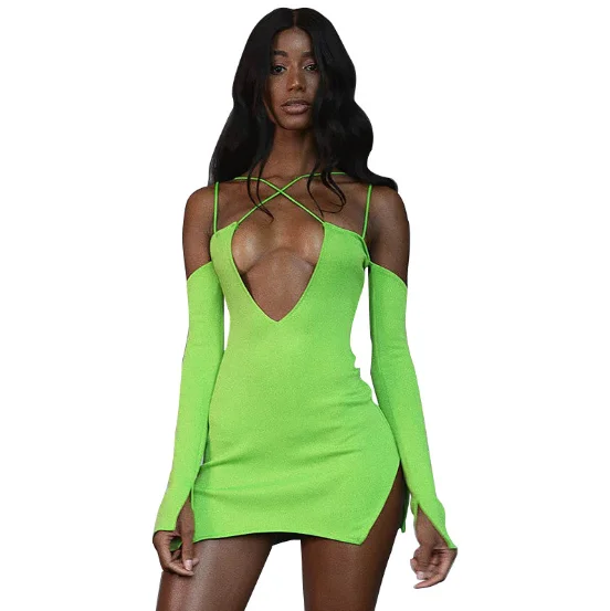 

Autumn Neon Color Mini Dress Deep V Neck Sexy Skinny Women Party Bandage Dress