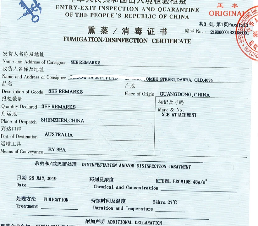 
Fumigation and disinfection service for wood products 