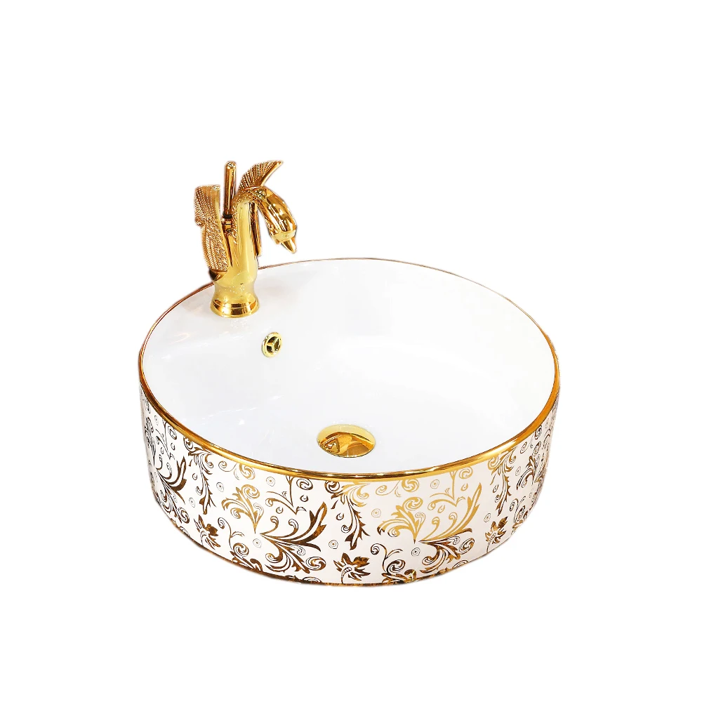 

Above mounted wash sink ceramic round gold color basin with faucet hole