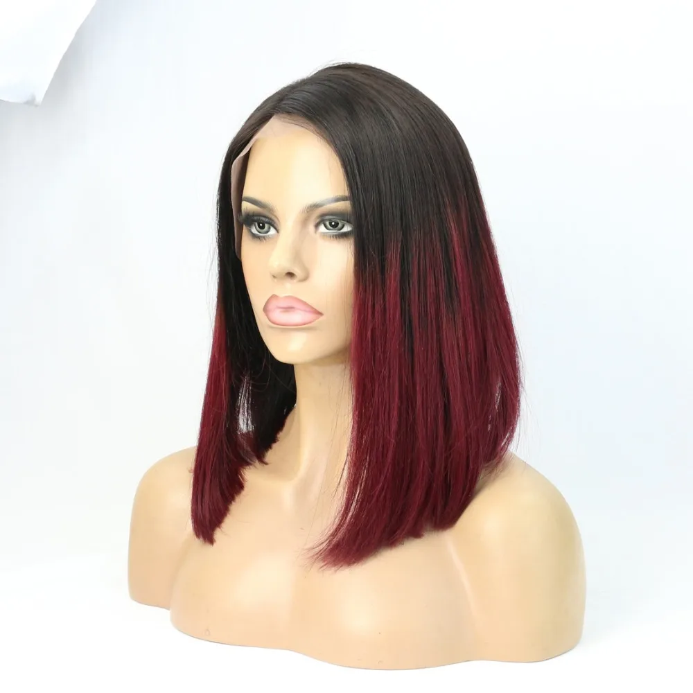 

12Two Tone #1B/99J Ombre Human Hair Cut Bob Style Lace Front Wig