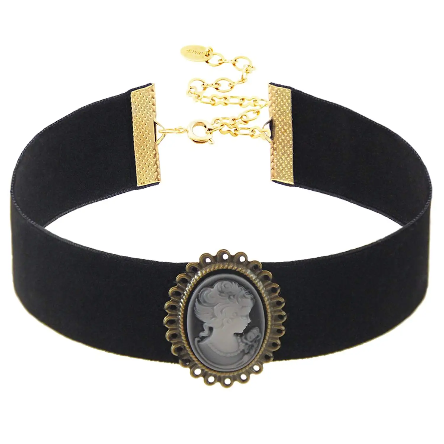 Black Velvet Choker with Vintage Cameo Pendant, 18K Gold Plated Closure. Length: 11" with 4" extender, Width: 25mm. Pendant Size: 28x35 mm.