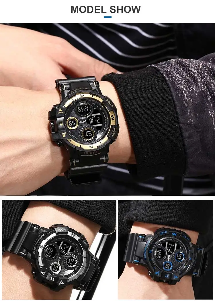 Addies 50M Waterproof LED Alarm Backlight Super Cool Watch Men Digital Sports Military Watch