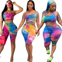 

2019 New arrival women clothing summer sexy rainbow tie die crop top two Piece tracksuit Outfits 2 Piece short Set