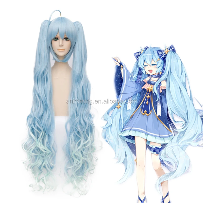 

Vocaloid Cosplay Snow Miku Cosplay Wig 100cm Long Wave Light Blue Mixed Synthetic Anime Wig+2 Ponytails CS-075I