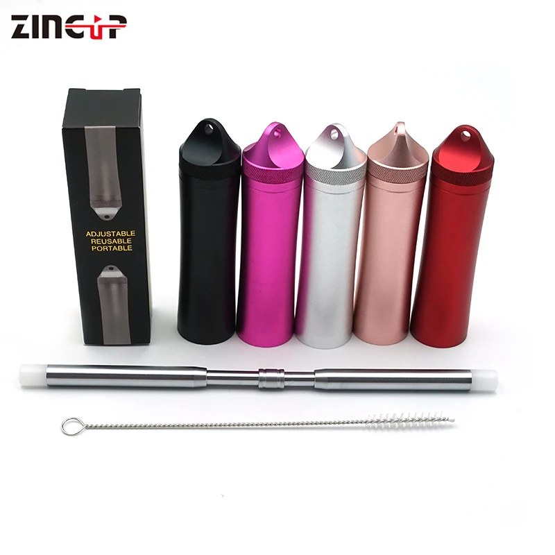 

New Design Folding Telescopic Straw Stainless Steel Keychain Collapsible Telescope Straws, Black/red/silver/pink/rose gold