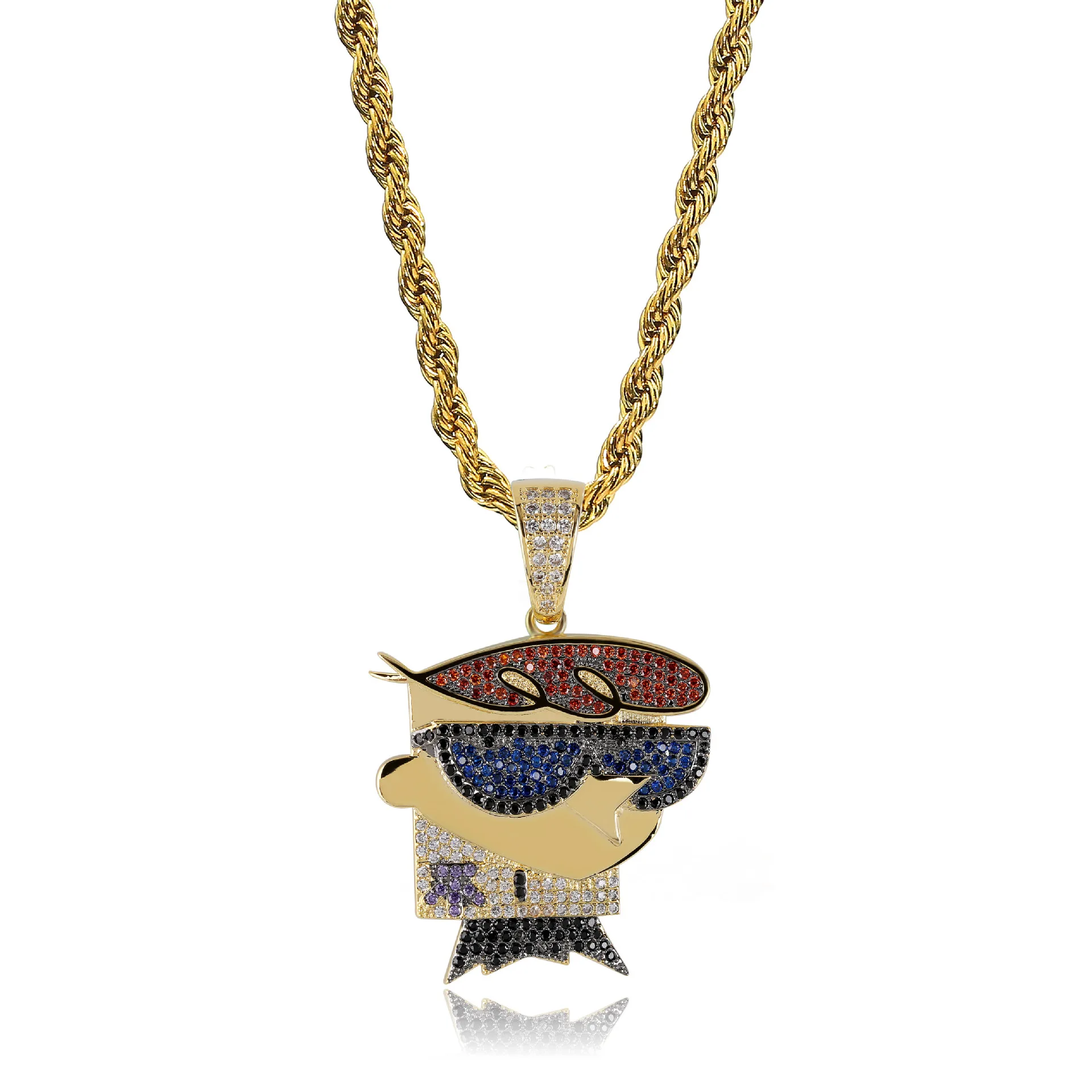 

New Cartoon Character Dexter Pendant Zircon Men's Necklace Hiphop, Gold