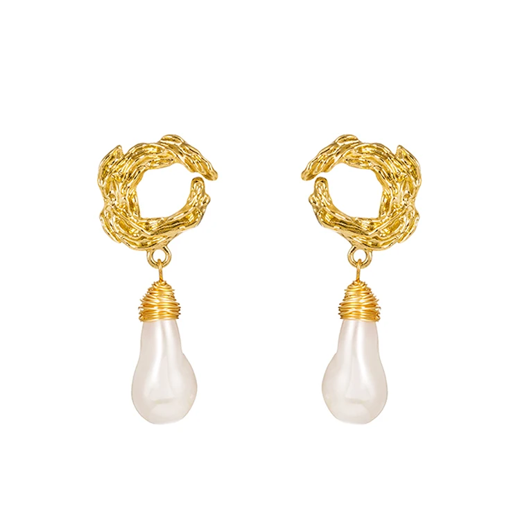 

Delicate Wire Wrapped Irregular Teardrop Baroque Pearl Metal Stud Earrings For Women
