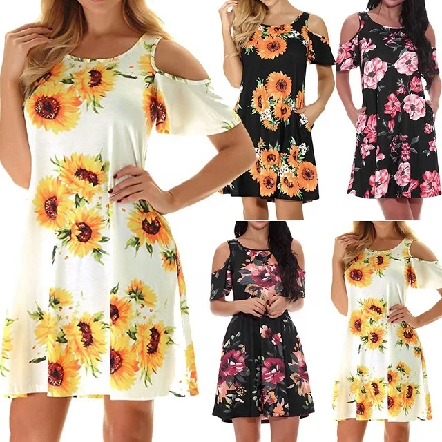 

Wholesale Amazon Hot Sale Summer Cold Shoulder T-Shirts Mini Dress Sunflower Printed Pockets O Neck Casual Sundress For Women, As picture