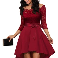 

Women's Red Elegant Off the Shoulder Cocktail Skater Lace Dress Ladies Sexy Bridesmaid Adult Evening Party Dresses with Bowknot