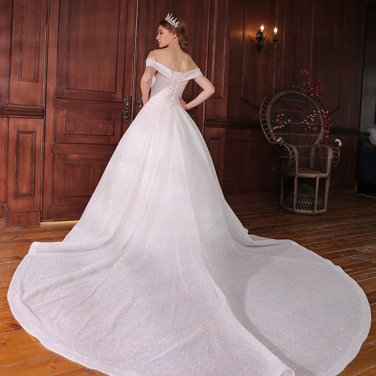 2020 Elegant Customized  Shinny Sparkling Off Shoulder Boat Neck Cap Sleeve Puffy Bridal Ball Gown Wedding Dress for Marriage