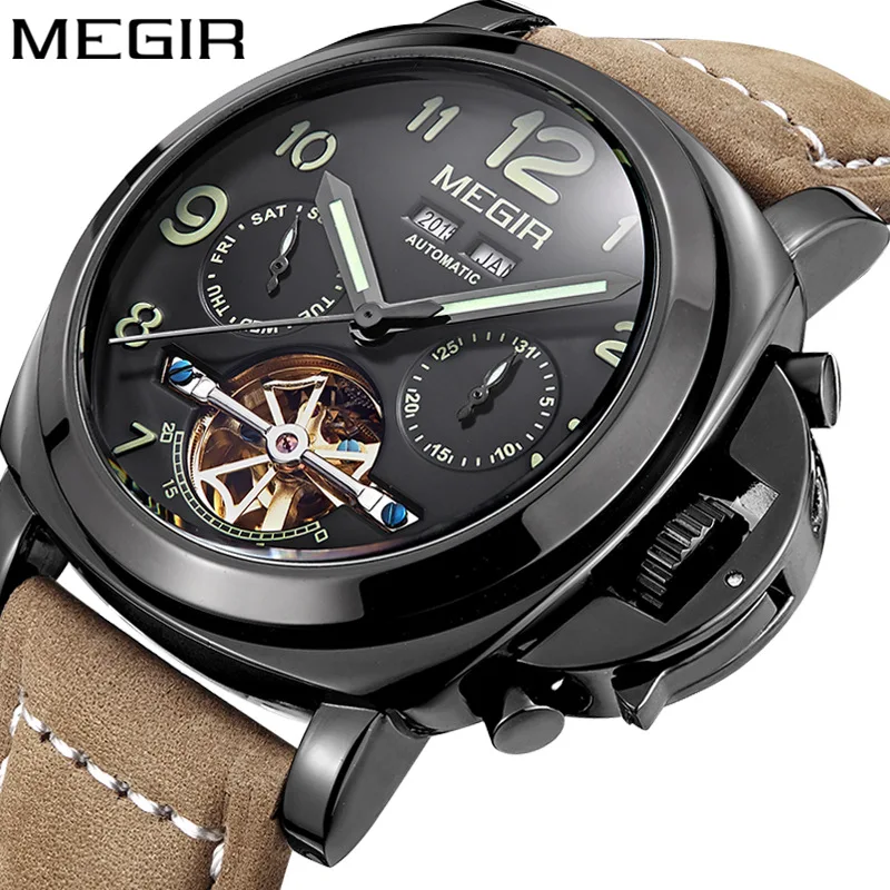 

MEGIR 3206 Luxury Brand Genuine Leather Watch Casual automatic winding watch automatic watches for men, Any color available