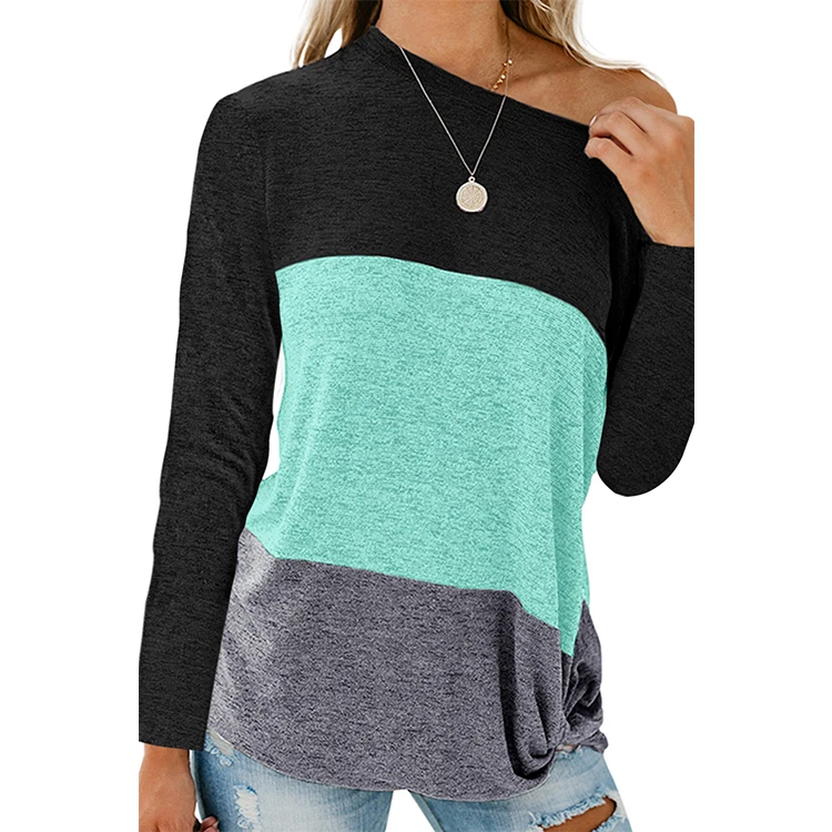 Blusa De Mujer Color Block Camiseta De Manga Larga Cuello Re Blusa De Mujer Color Block Camiseta De Manga Larga Cuello Re