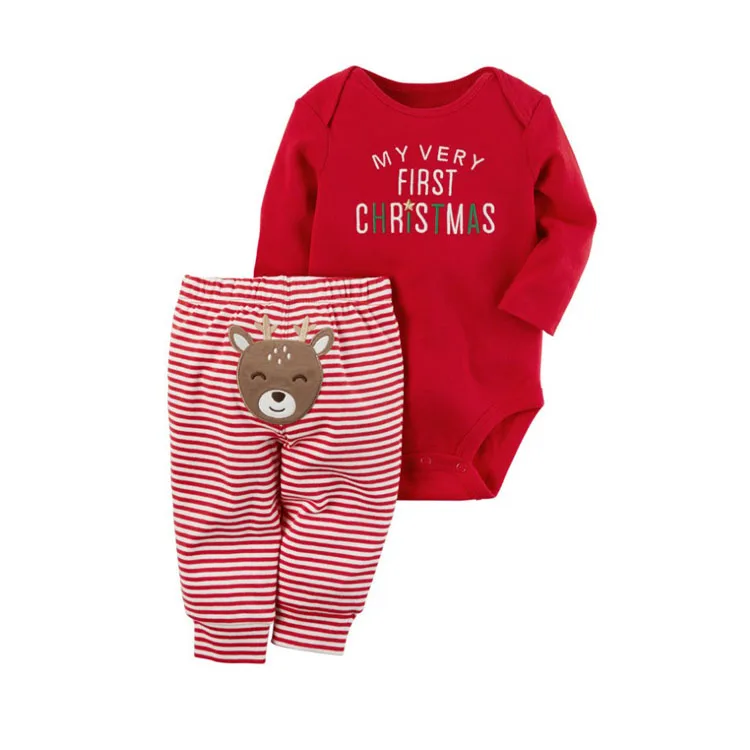 

Wholesale High Quality Christmas Clothing Baby Romper Moose Design Long Sleeve Romper+Striped Pants, Red